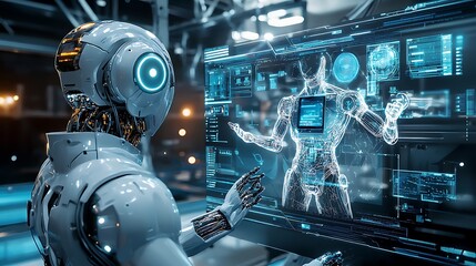 Fototapeta premium Futuristic Robot Analyzing Digital Interface in High-Tech Laboratory Setting