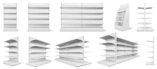 Realistic 3D mockup of a supermarket shelf with multiple rows, perfect for showcasing products in a retail environment.