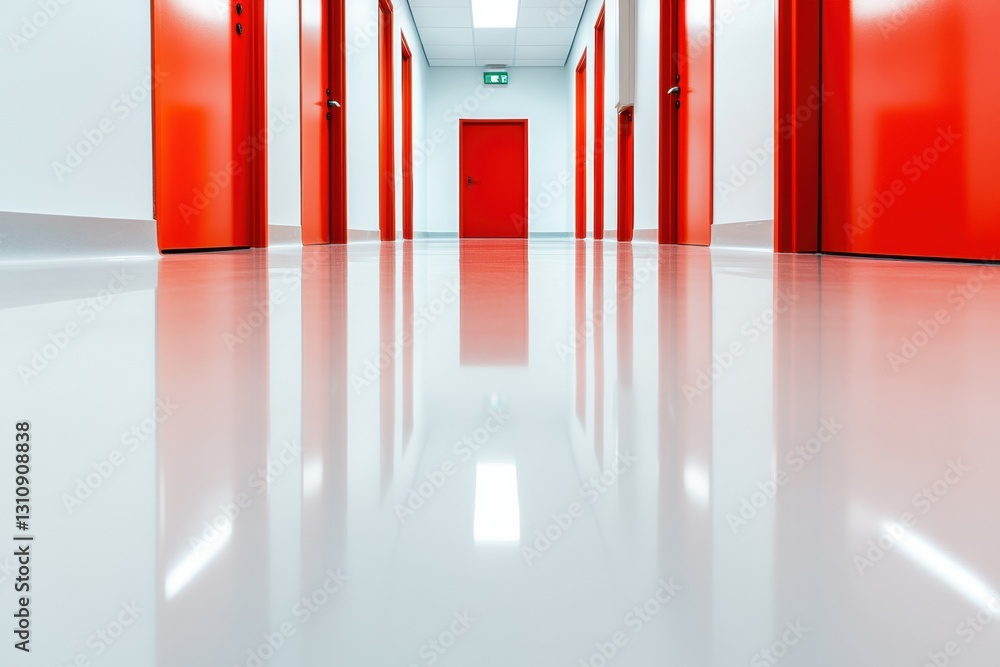 Poster minimalist nordic workspace design high-contrast red and white corridor showcasing modern architectu
