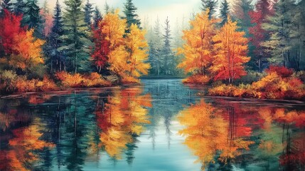 Obraz premium Autumnal Serenity: A Lake's Mirrored Majesty
