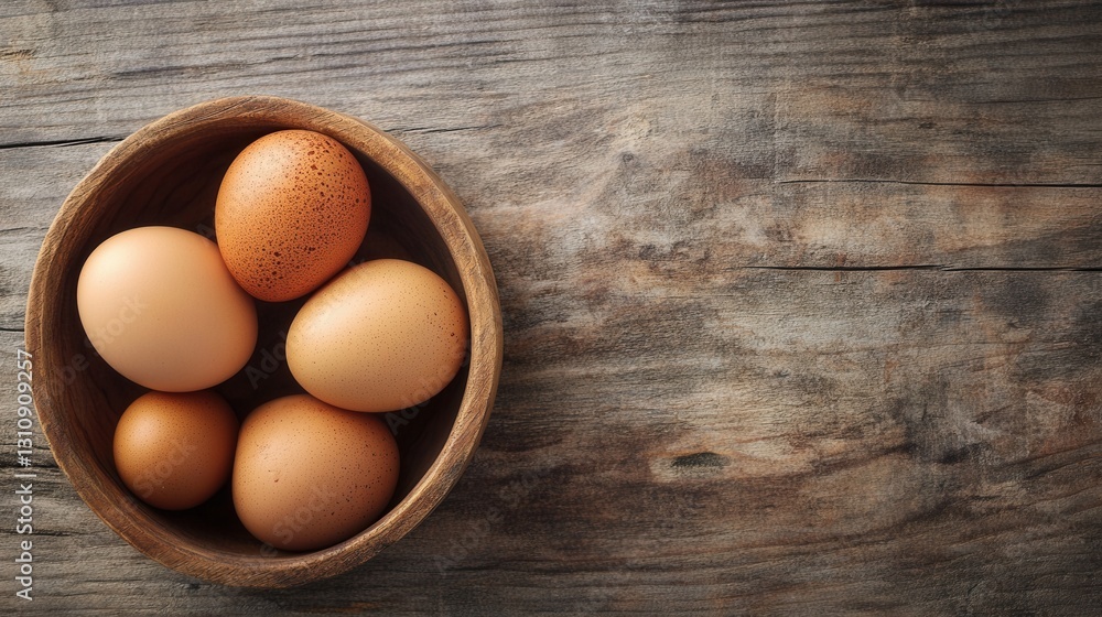 Aufkleber freshly collected eggs arranged in a wooden bowl on a rustic table setting during the morning light 