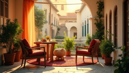 A cozy patio with Turkish cultural design, featuring wooden chairs with red cushions, a round table, potted plants, and an archway leading to a courtyard.