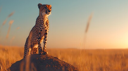 Engaging of a cheetah commanding attention while standing on a rock in a gorgeous natural wild environment