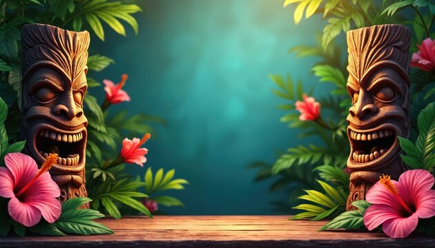 Two tiki carvings surrounded by tropical foliage with hibiscus flowers create vibrant celebratory composition. Wooden sculptures of traditional island culture stand on table against turquoise