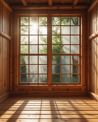 Fototapeta premium Minimalist wooden interior with traditional grid window, warm sunlight casting soft shadows on rustic wooden floor, creating a cozy and tranquil atmosphere with natural textures