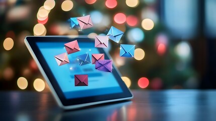 Digital Emails Flying Out of Tablet with Festive Holiday Lights in the Background

