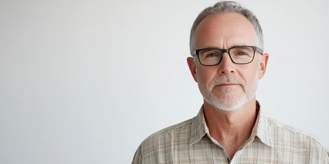 Confident Senior Man with Glasses in Casual Attire Against a Neutral Background