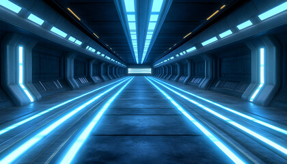 Fototapeta premium Futuristic tunnel, glowing blue lines