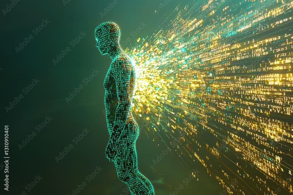 Poster a digital figure emits streams of light, symbolizing data flow and transformation, set against a dar