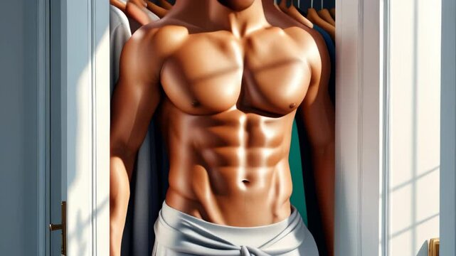 Muscular man posing in a well-lit closet showcasing fitness and style choices