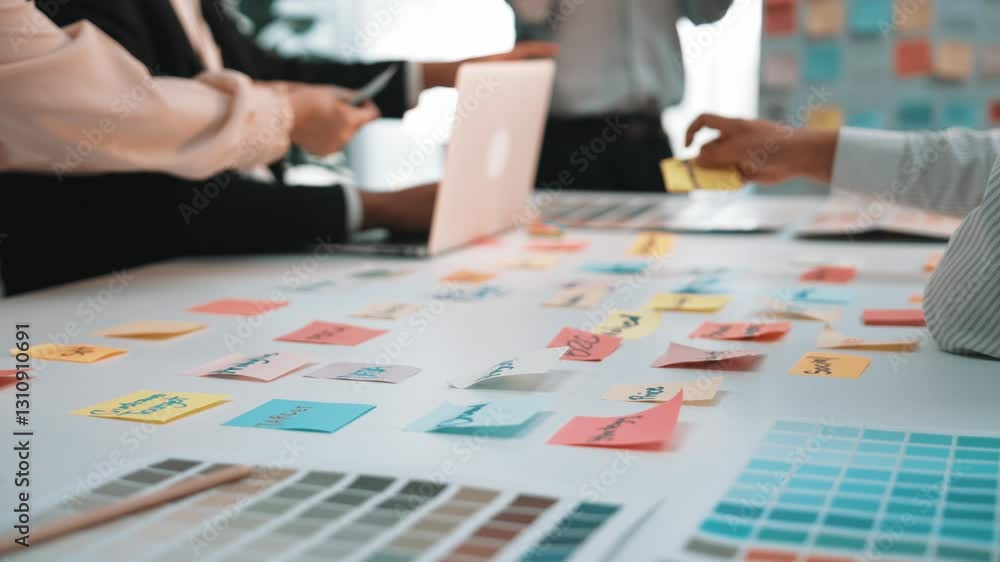 Poster a dedicated team engages in a brainstorming session, utilizing sticky notes and laptops in a modern 