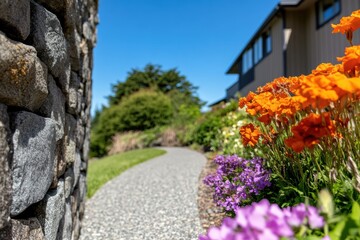 Obraz premium Sustainable Living Sanctuary Modern Suburban Landscape Design with Vibrant Native Plantings, Eco-Friendly Community Architecture and Wellness-Inspired Landscaping