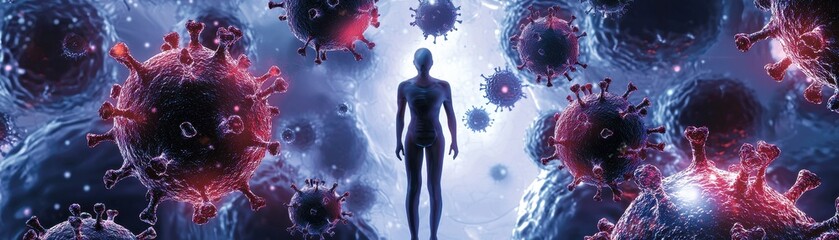 Naklejka premium A silhouette stands amidst colorful, abstract representations of viruses, creating a striking visual of the microscopic world surrounding humanity.