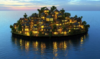 Island town at sunset, tranquil ocean, community living, ideal for travel ads