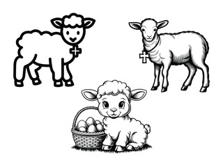 Naklejka premium Easter Lamb Line Art with Cross & Floral Elements – Christian Spring Design