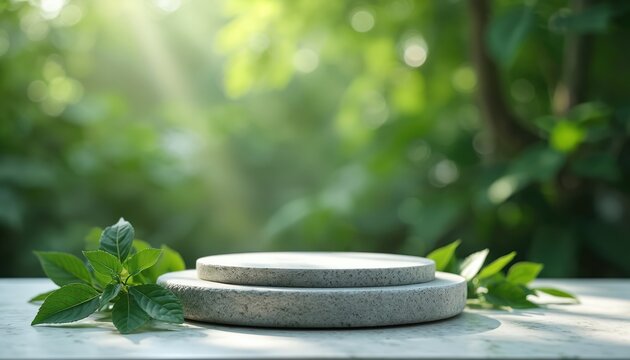 Stone podium for product presentation with green nature background and sunlight. Round pedestal stage template for cosmetic showcase with plants. Mockup scene for eco or beauty product.