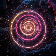 Obraz premium Abstract 3d illustration neon background. luminous swirling. Glowing spiral cover. Black elegant. Halo around. Power isolated. Sparks particle.Space tunnel. LED color ellipse. Glint glitter.