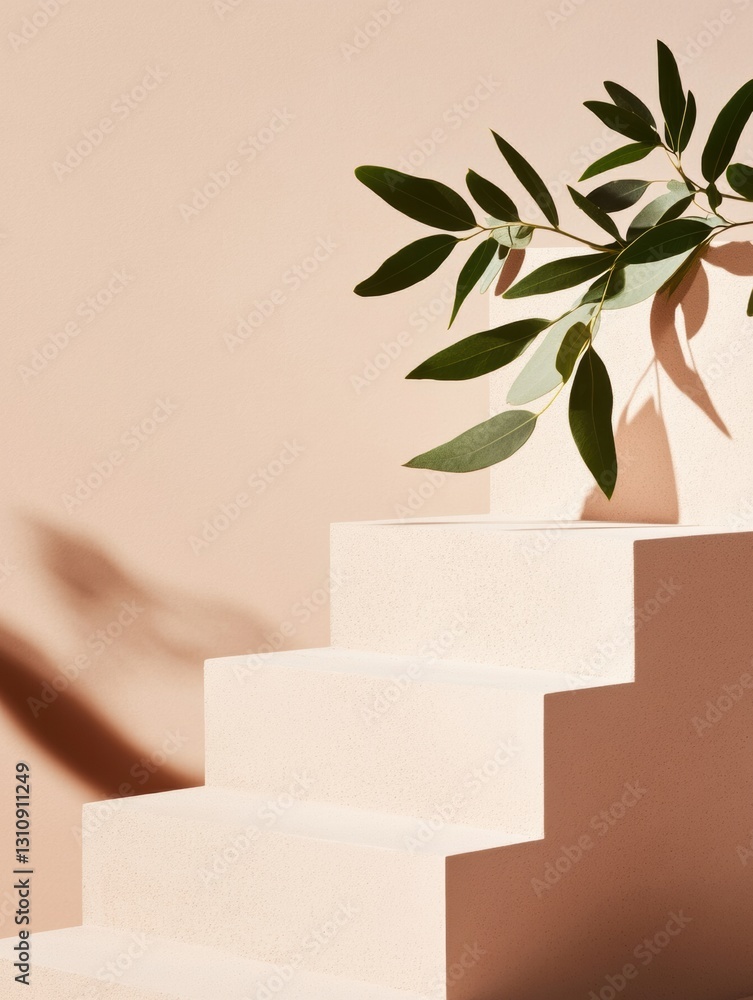 Aufkleber minimalist botanical podium design soft neutral geometric steps with organic olive branch - contempo