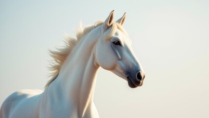 Obraz premium A majestic white horse with a flowing mane stands against a soft, light background.