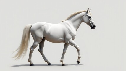Fototapeta premium A white horse with a flowing mane and tail is walking gracefully.