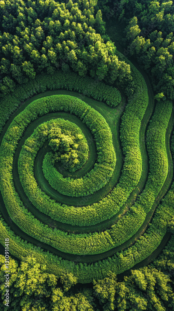 Poster aerial view of a stunning spiral shaped forest surrounded by perfectly circular crop fields in geome