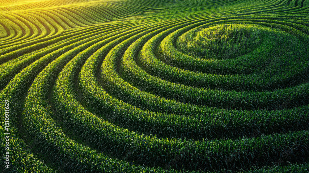 Poster aerial view of a field featuring a unique spiral pattern creating a beautiful geometric landscape
