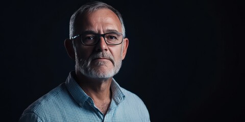 Fototapeta premium Portrait of a Mature Man with Glasses in a Dark Setting, Exuding Confidence and Wisdom