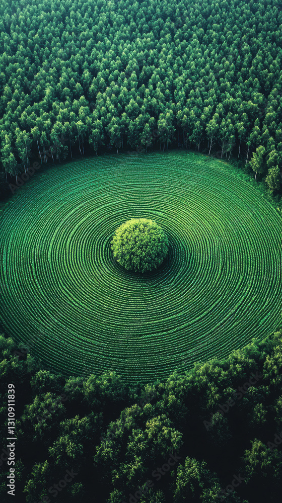 Poster aerial view of a circular maze nestled within a dense forest featuring lush greenery and natural pat