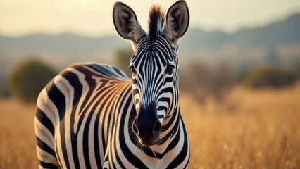 Naklejka premium A close-up of a zebra in a field, perfect for zebra wallpaper.