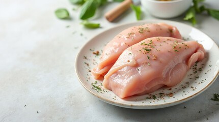 Raw chicken fillet on a plate on a light background with spices and herbs.