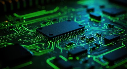 Analyzing Green Glowing Circuit Board and Integrated Circuit Technology