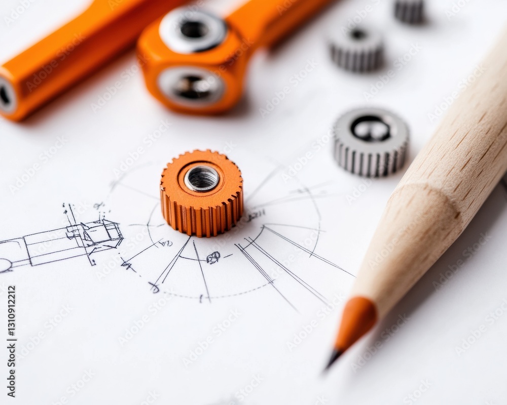 Poster precision engineering visualization minimalist technical design workflow with vibrant orange cad com