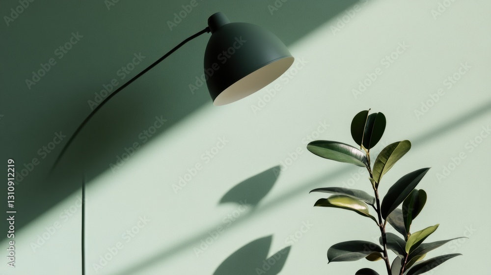 Poster minimalist workspace harmony modern desk lamp casting botanical shadow - wellness-driven design and 
