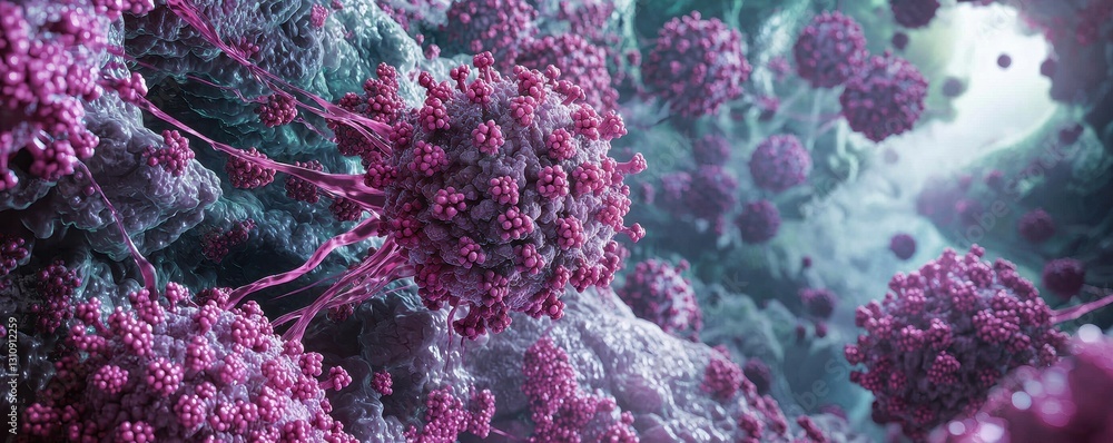 Poster a vibrant microscopic view of virus particles, showcasing intricate structures and textures in shade