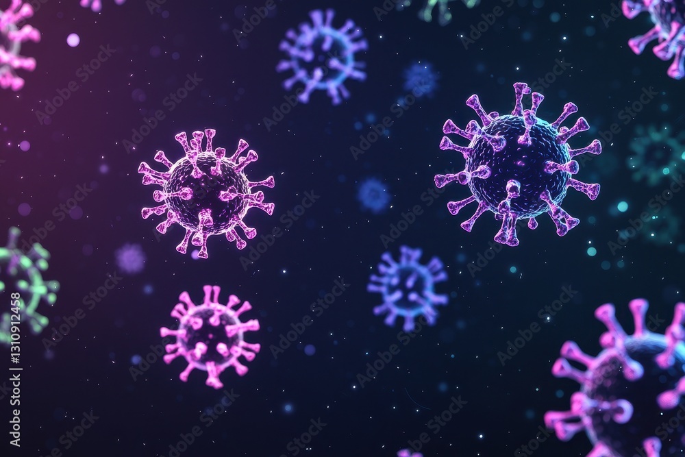 Poster a colorful representation of viruses, showcasing their structure in a microscopic view against a dar
