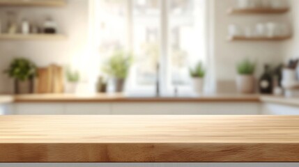 Fototapeta premium The warm wooden countertop contrasts beautifully with soft natural light pouring in through large windows, illuminating the cozy kitchen space adorned with potted plants and culinary tools