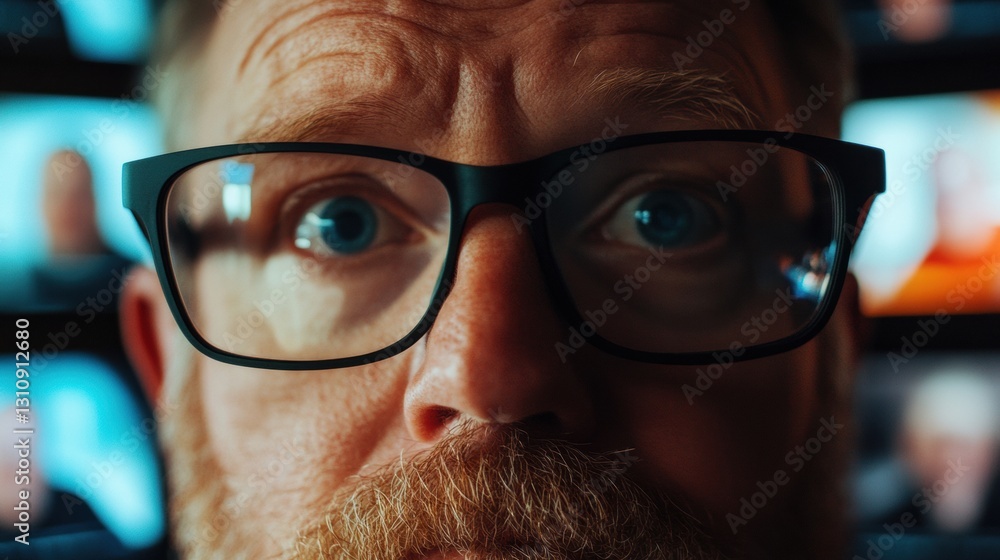 Poster hyper-focus tech professional immersive cybersecurity surveillance closeup - intense digital monitor