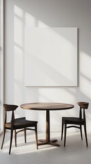 A blank banner hangs on the wall in a minimalist dining room kitchen.
