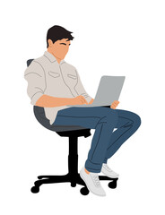 Young Business man sitting on office chair, working on laptop computer. Handsome male character in modern smart casual outfit. Flat vector cartoon style illustration isolated 