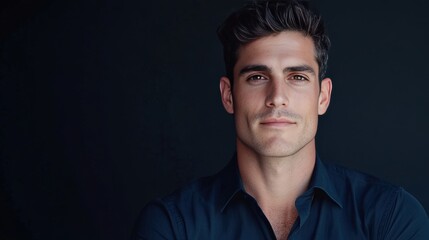 Fototapeta premium Confident Young Man in a Dark Shirt Posing Against a Black Background