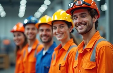 Smiling cleaning crew in uniform offers hygiene services in healthy job environment. Team of cheerful sanitation workers. Diverse group of confident professional maintenance personnel shows positive