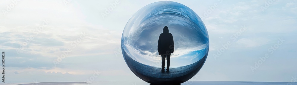 Aufkleber a person stands inside a reflective sphere, blending with a serene sky, evoking themes of isolation 