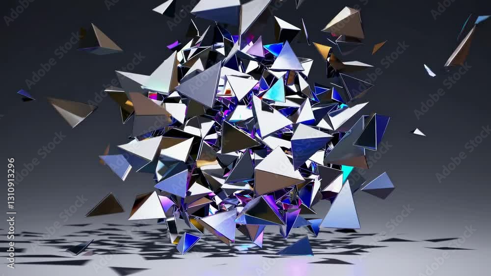 Aufkleber dynamic video of colorful, reflective triangles in motion, captured from a central angle, creating a