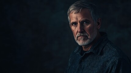 Fototapeta premium Portrait of a Mature Man with a Thoughtful Expression in Low Light Setting