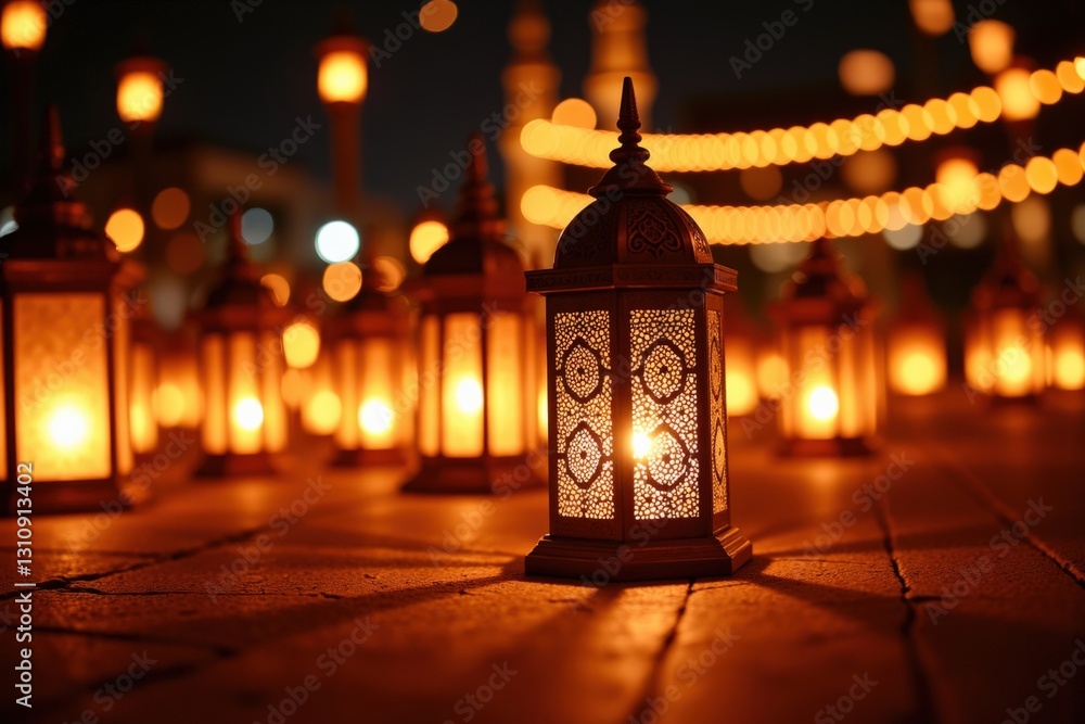 Poster a beautiful display of ornate lanterns illuminating a nighttime scene in an open space with warm, so