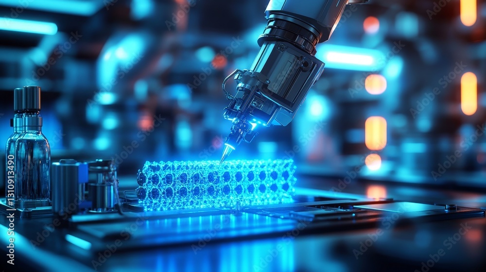 Poster futuristic factory with advanced battery materials and glowing carbon nanotube structures, featuring