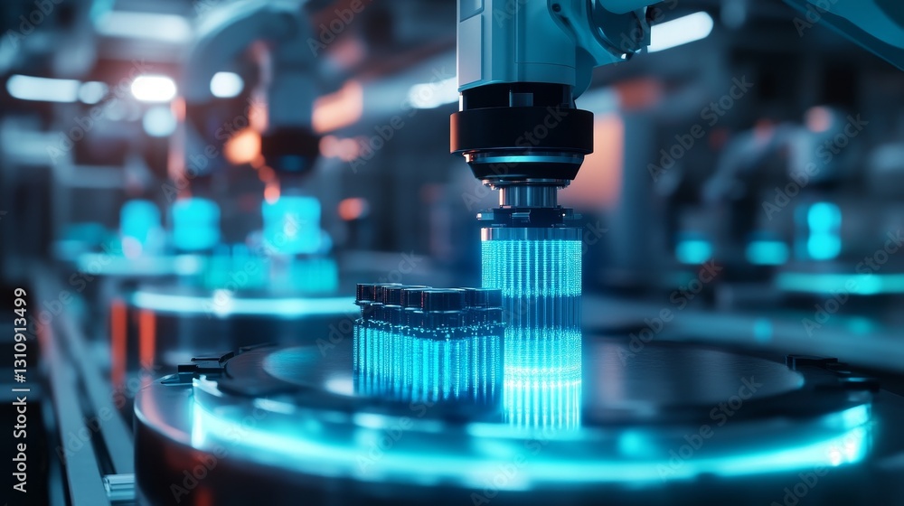Poster futuristic factory with advanced battery materials and glowing carbon nanotube structures, featuring
