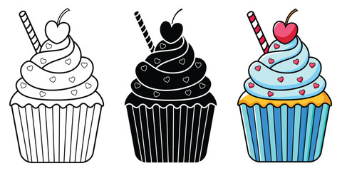 Cupcake Coloring Pages - Black and White, Silhouette, and Colored Designs