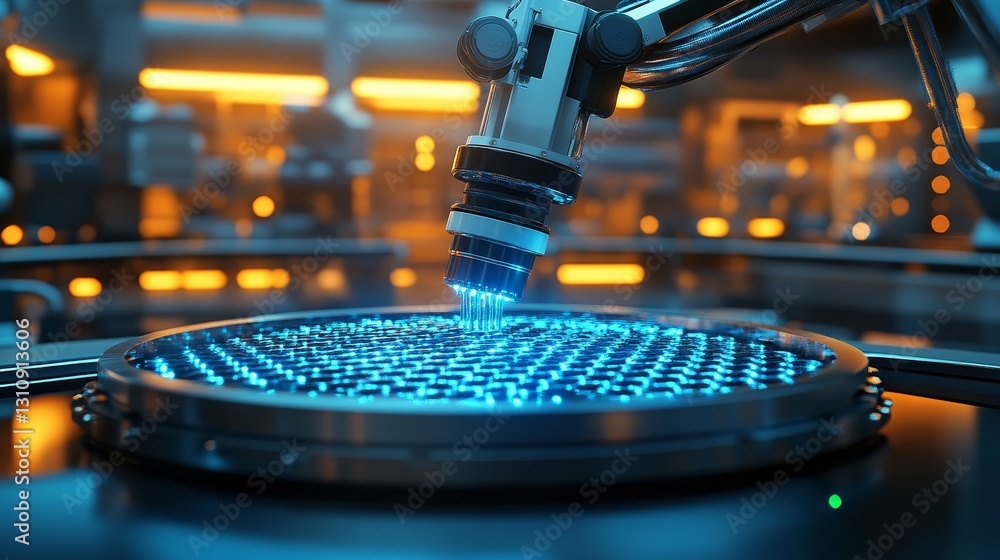 Poster futuristic factory with advanced battery materials and glowing carbon nanotube structures, featuring