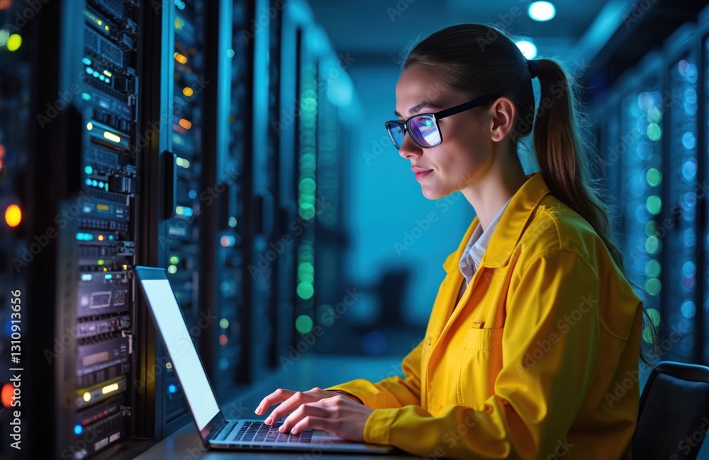 Poster female specialist works in modern data center server room. sits in front of computer servers, laptop